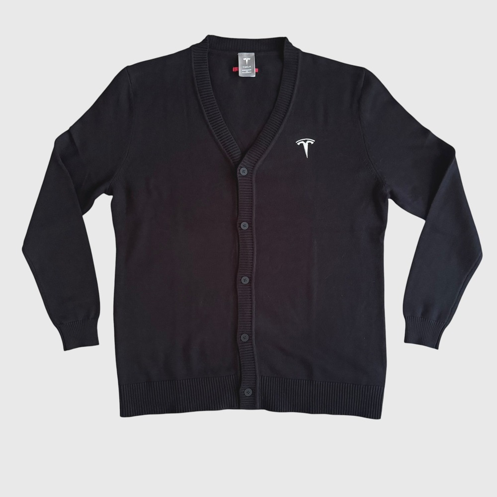 Tesla Mens Black V-Neck Button Front Logo Knit Cardigan Sweater Medium Techwear